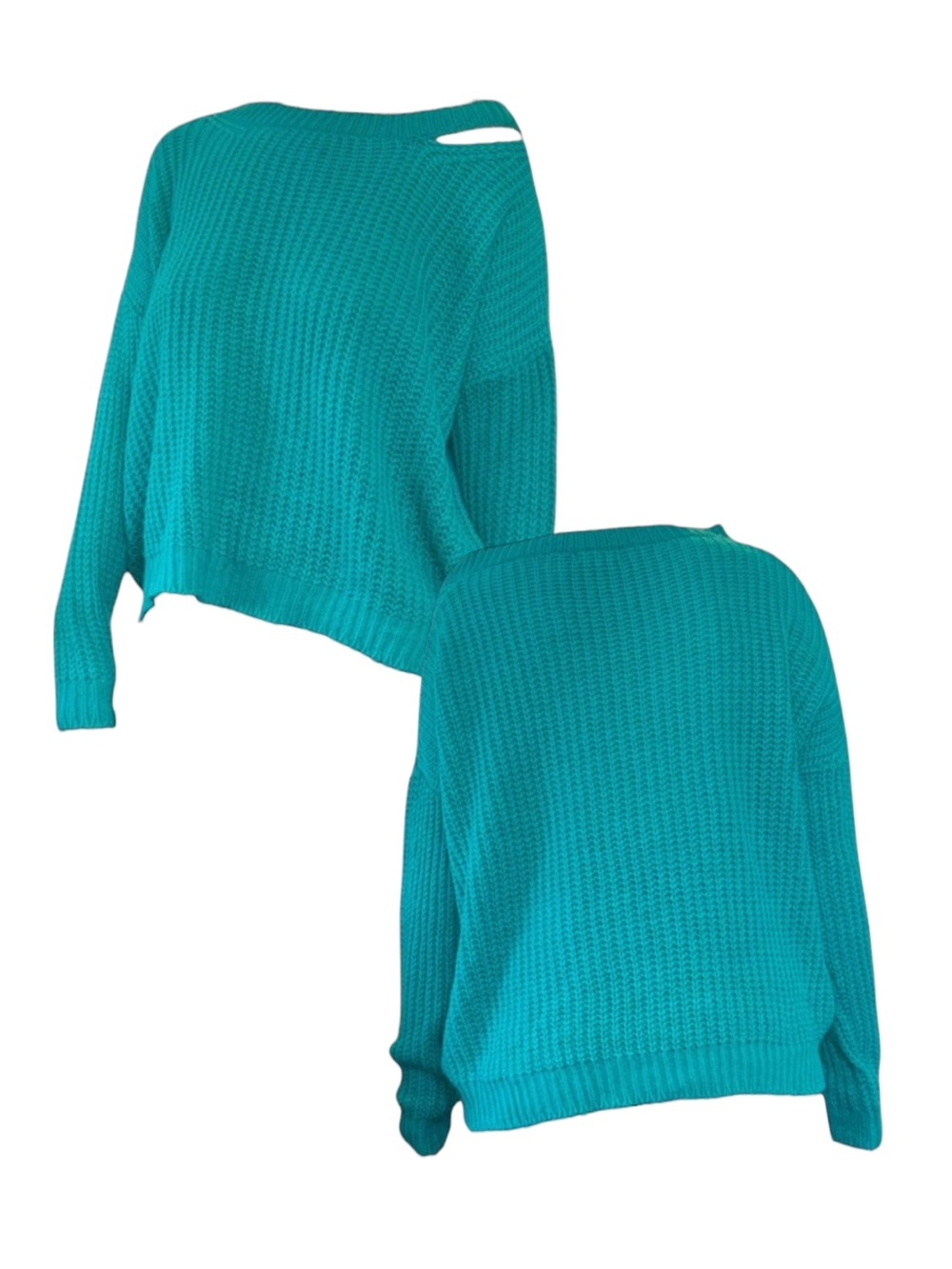 Teal Open-Shoulder Knit Sweater